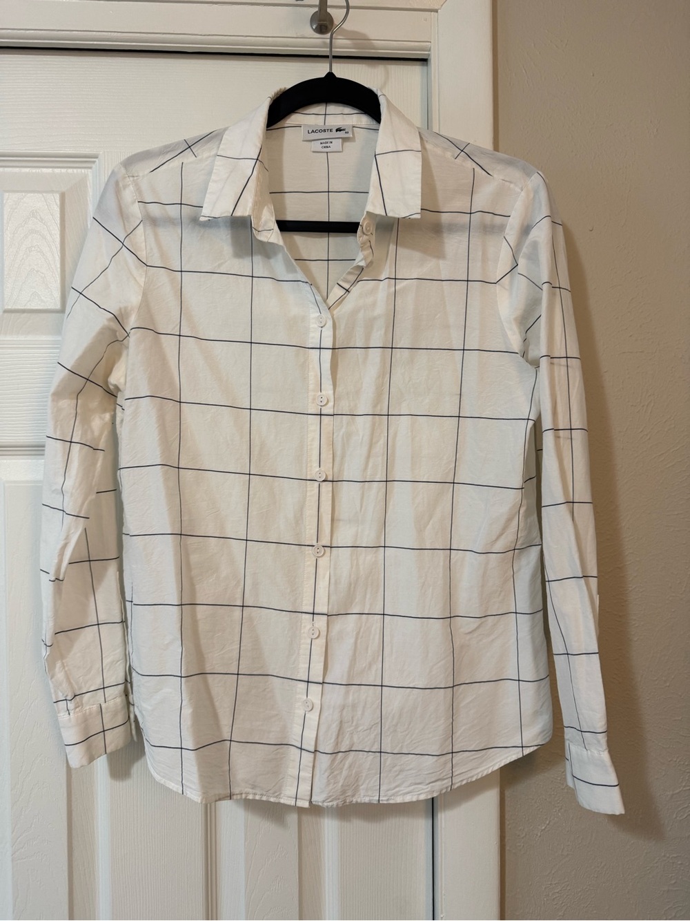 Lacoste Women’s Windowpane Check Button Down size 40 White / Navy